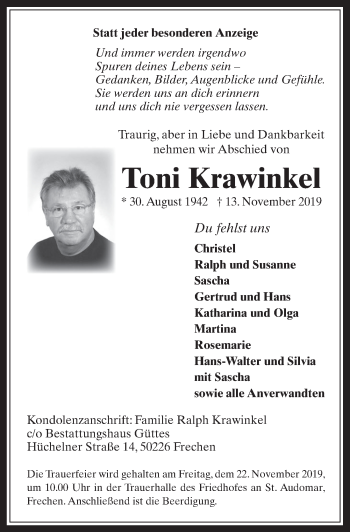 Anzeige von Toni Krawinkel von  Wochenende 