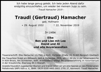 Anzeige von Traudl Gertraud Hamacher von Kölner Stadt-Anzeiger / Kölnische Rundschau / Express