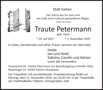 Anzeige von Traute Petermann von  Wochenende 