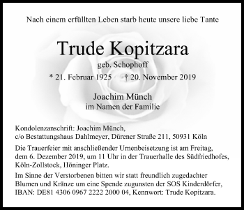 Anzeige von Trude Kopitzara von Kölner Stadt-Anzeiger / Kölnische Rundschau / Express