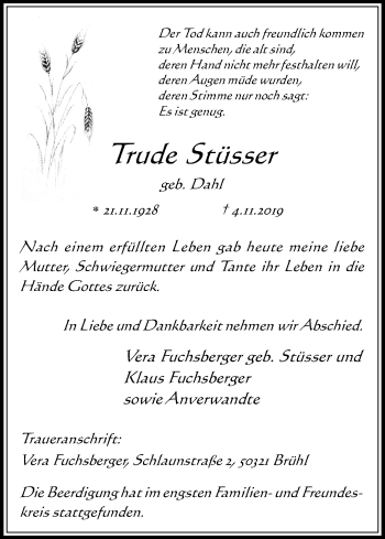 Anzeige von Trude Stüsser von Kölner Stadt-Anzeiger / Kölnische Rundschau / Express