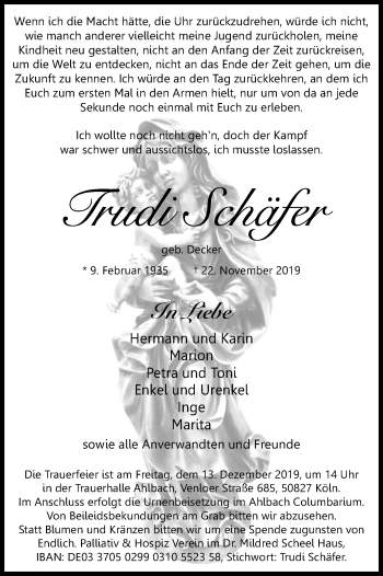 Anzeige von Trudi Schäfer von Kölner Stadt-Anzeiger / Kölnische Rundschau / Express