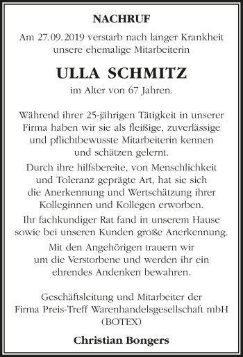 Anzeige von Ulla Schmitz von  Rhein-Sieg-Wochenende 