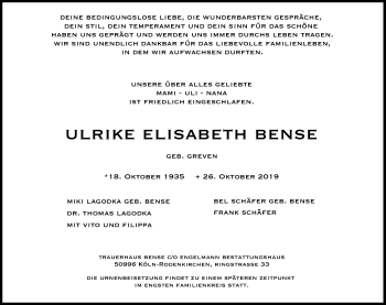 Anzeige von Ulrieke Elisabeth Bense von Kölner Stadt-Anzeiger / Kölnische Rundschau / Express