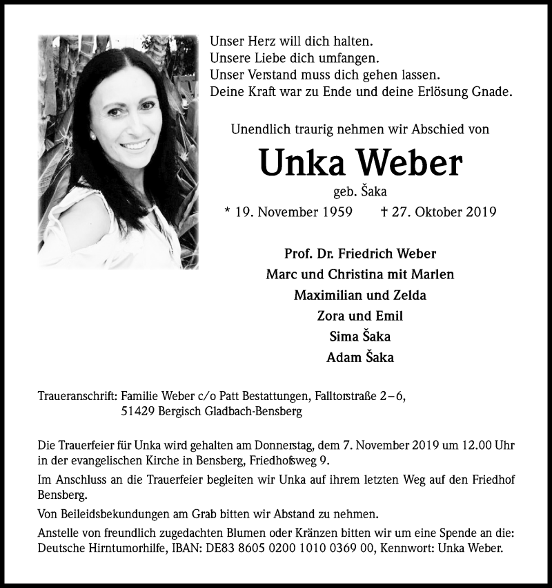  Traueranzeige für Unka Weber vom 02.11.2019 aus Kölner Stadt-Anzeiger / Kölnische Rundschau / Express