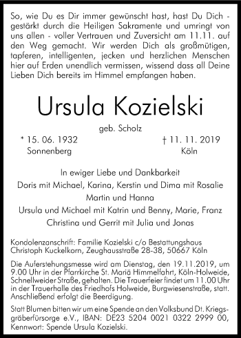 Anzeige von Ursula Kozielski von Kölner Stadt-Anzeiger / Kölnische Rundschau / Express