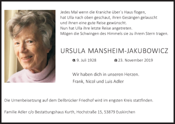 Anzeige von Ursula Mansheim-Jakubowicz von Kölner Stadt-Anzeiger / Kölnische Rundschau / Express