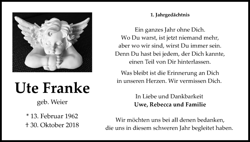  Traueranzeige für Ute Franke vom 02.11.2019 aus Kölner Stadt-Anzeiger / Kölnische Rundschau / Express