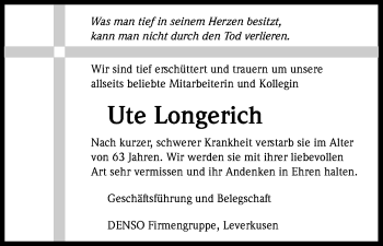 Anzeige von Ute Longerich von Kölner Stadt-Anzeiger / Kölnische Rundschau / Express