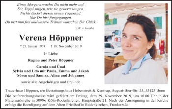Anzeige von Verena Höppner von Kölner Stadt-Anzeiger / Kölnische Rundschau / Express