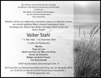 Anzeige von Volker Stahl von Kölner Stadt-Anzeiger / Kölnische Rundschau / Express