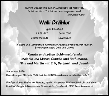 Anzeige von Walli Brähler von Kölner Stadt-Anzeiger / Kölnische Rundschau / Express