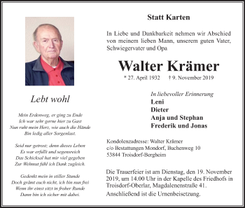 Anzeige von Walter Krämer von Kölner Stadt-Anzeiger / Kölnische Rundschau / Express
