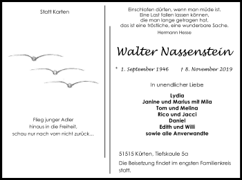 Anzeige von Walter Nassenstein von Kölner Stadt-Anzeiger / Kölnische Rundschau / Express