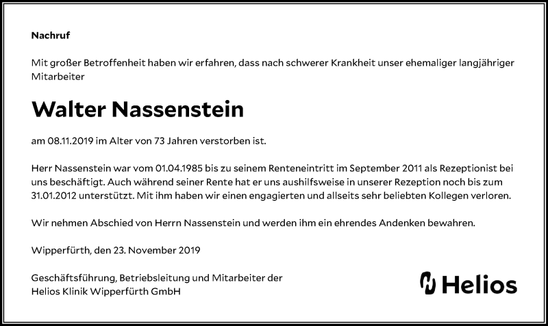  Traueranzeige für Walter Nassenstein vom 30.11.2019 aus Kölner Stadt-Anzeiger / Kölnische Rundschau / Express