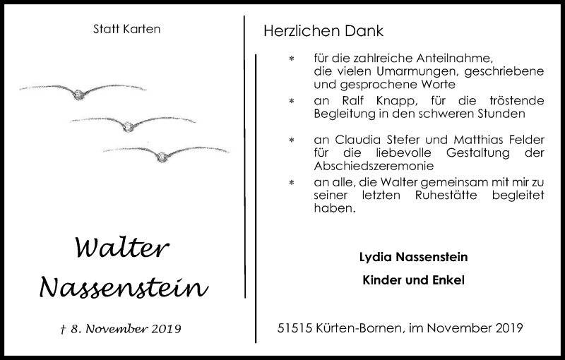  Traueranzeige für Walter Nassenstein vom 27.11.2019 aus Kölner Stadt-Anzeiger / Kölnische Rundschau / Express