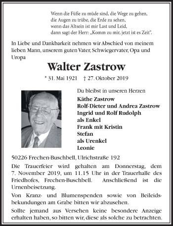 Anzeige von Walter Zastrow von  Sonntags-Post 