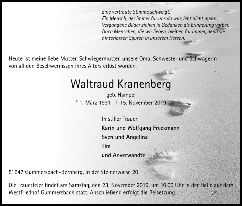  Traueranzeige für Waltraud Kranenberg vom 19.11.2019 aus Kölner Stadt-Anzeiger / Kölnische Rundschau / Express