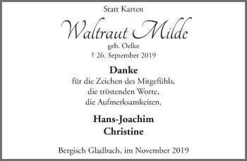 Anzeige von Waltraut Milde von  Bergisches Handelsblatt 