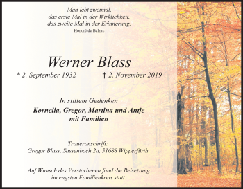 Anzeige von Werner Blass von Kölner Stadt-Anzeiger / Kölnische Rundschau / Express