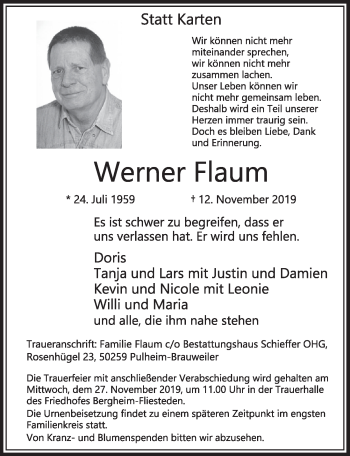 Anzeige von Werner Flaum von  Sonntags-Post 