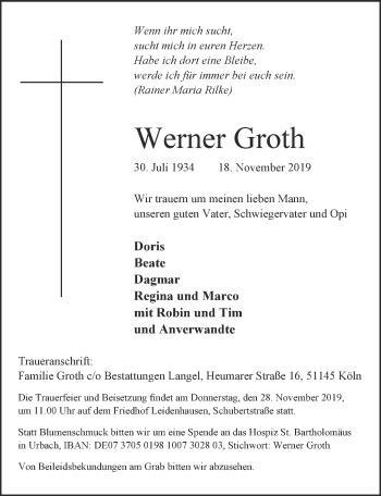 Anzeige von Werner Groth von  Kölner Wochenspiegel 