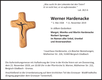 Anzeige von Werner Hardenacke von Kölner Stadt-Anzeiger / Kölnische Rundschau / Express