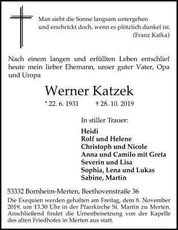 Anzeige von Werner Katzek von Kölner Stadt-Anzeiger / Kölnische Rundschau / Express