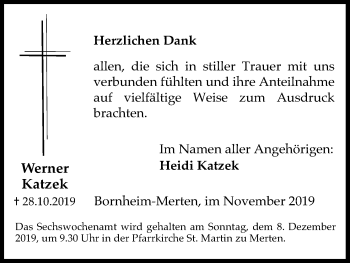 Anzeige von Werner Katzek von Kölner Stadt-Anzeiger / Kölnische Rundschau / Express