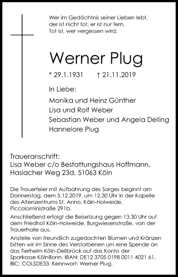 Anzeige von Werner Plug von Kölner Stadt-Anzeiger / Kölnische Rundschau / Express