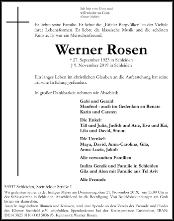 Anzeige von Werner Rosen von Kölner Stadt-Anzeiger / Kölnische Rundschau / Express
