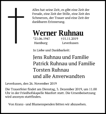 Anzeige von Werner Ruhnau von Kölner Stadt-Anzeiger / Kölnische Rundschau / Express
