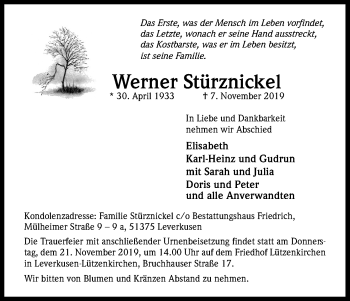 Anzeige von Werner Stürznickel von Kölner Stadt-Anzeiger / Kölnische Rundschau / Express