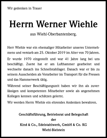 Anzeige von Werner Wiehle von Kölner Stadt-Anzeiger / Kölnische Rundschau / Express