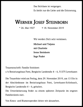 Anzeige von Werner Josef Steinborn von Kölner Stadt-Anzeiger / Kölnische Rundschau / Express