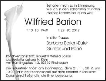 Anzeige von Wilfried Barion von  Schaufenster/Blickpunkt 