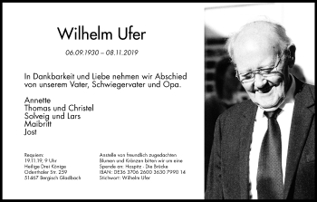 Anzeige von Wilhelm Ufer von Kölner Stadt-Anzeiger / Kölnische Rundschau / Express