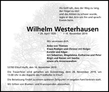 Anzeige von Wilhelm Westerhausen von Kölner Stadt-Anzeiger / Kölnische Rundschau / Express