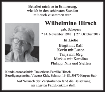 Anzeige von Wilhelmine Hirsch von  Sonntags-Post 