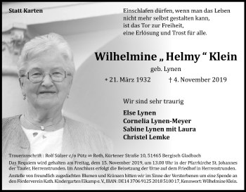 Anzeige von Wilhelmine Helmy Klein von Kölner Stadt-Anzeiger / Kölnische Rundschau / Express