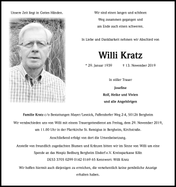 Anzeige von Willi Kratz von Kölner Stadt-Anzeiger / Kölnische Rundschau / Express