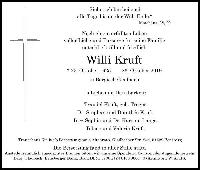 Traueranzeige für Willi Kruft vom 08.11.2019 aus Kölner Stadt-Anzeiger / Kölnische Rundschau / Express