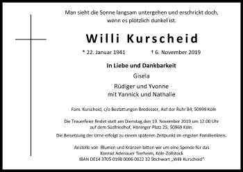 Anzeige von Willi Kurscheid von Kölner Stadt-Anzeiger / Kölnische Rundschau / Express