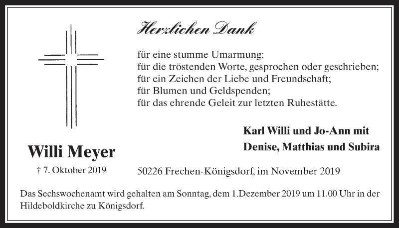  Traueranzeige für Willi Meyer vom 20.11.2019 aus  Wochenende 