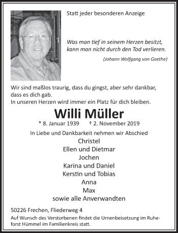 Anzeige von Willi Müller von  Sonntags-Post 