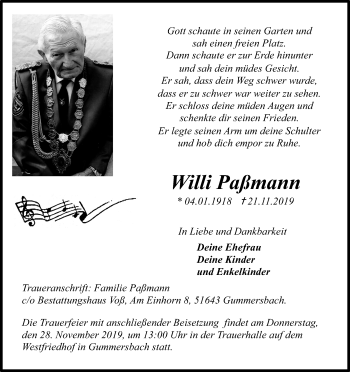 Anzeige von Willi Paßmann von Kölner Stadt-Anzeiger / Kölnische Rundschau / Express
