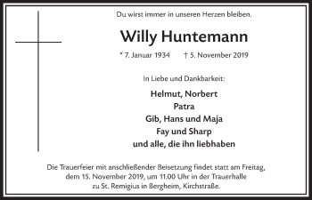 Anzeige von Willy Huntemann von  Sonntags-Post 