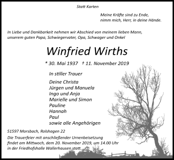 Anzeige von Winfried Wirths von Kölner Stadt-Anzeiger / Kölnische Rundschau / Express