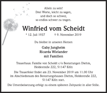 Anzeige von Winfried von Scheidt von  Kölner Wochenspiegel 