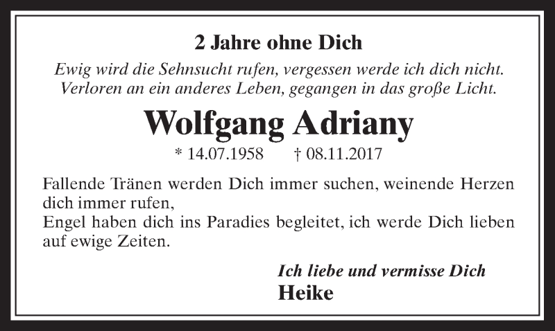  Traueranzeige für Wolfgang Adriany vom 06.11.2019 aus  Werbepost 